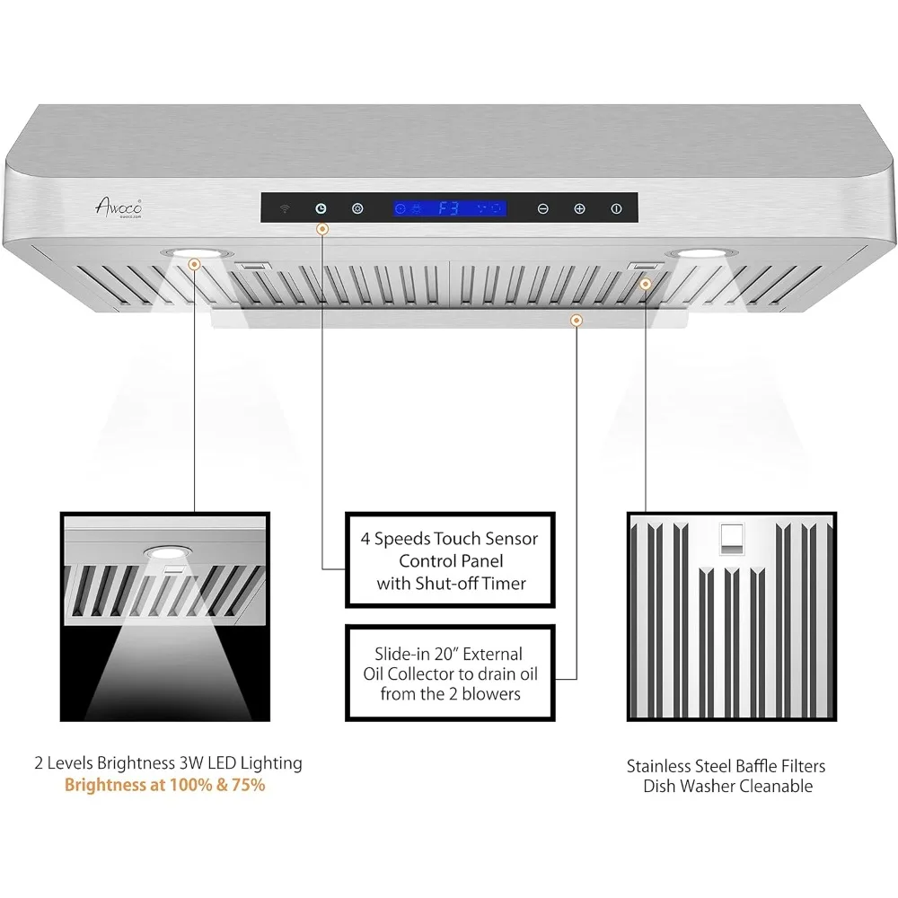 Classic 6” High 1mm Thick Stainless Steel Under Cabinet 4 Speeds 900 CFM Range Hood with 2 LED Lights