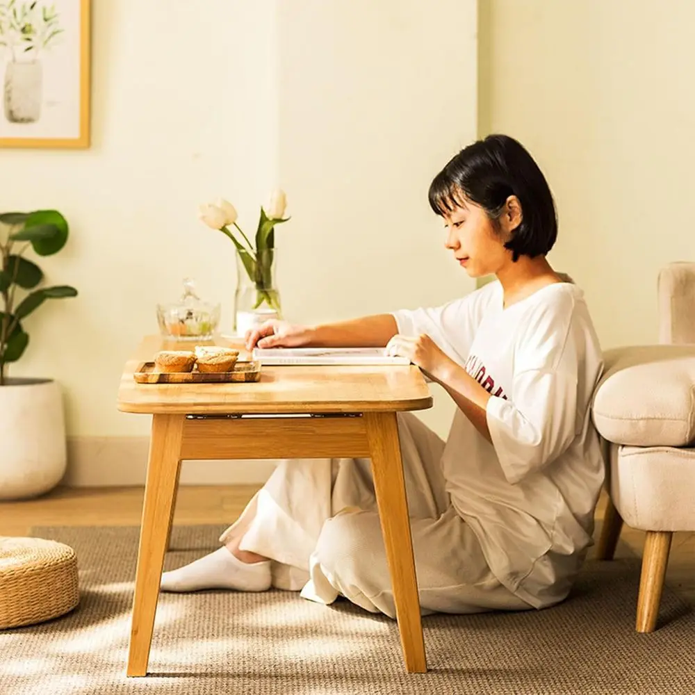 Mid-Century Foldable Coffee Table with Open Shelf, TV Stand, Living Room & RV Use, Natural 39.37IN