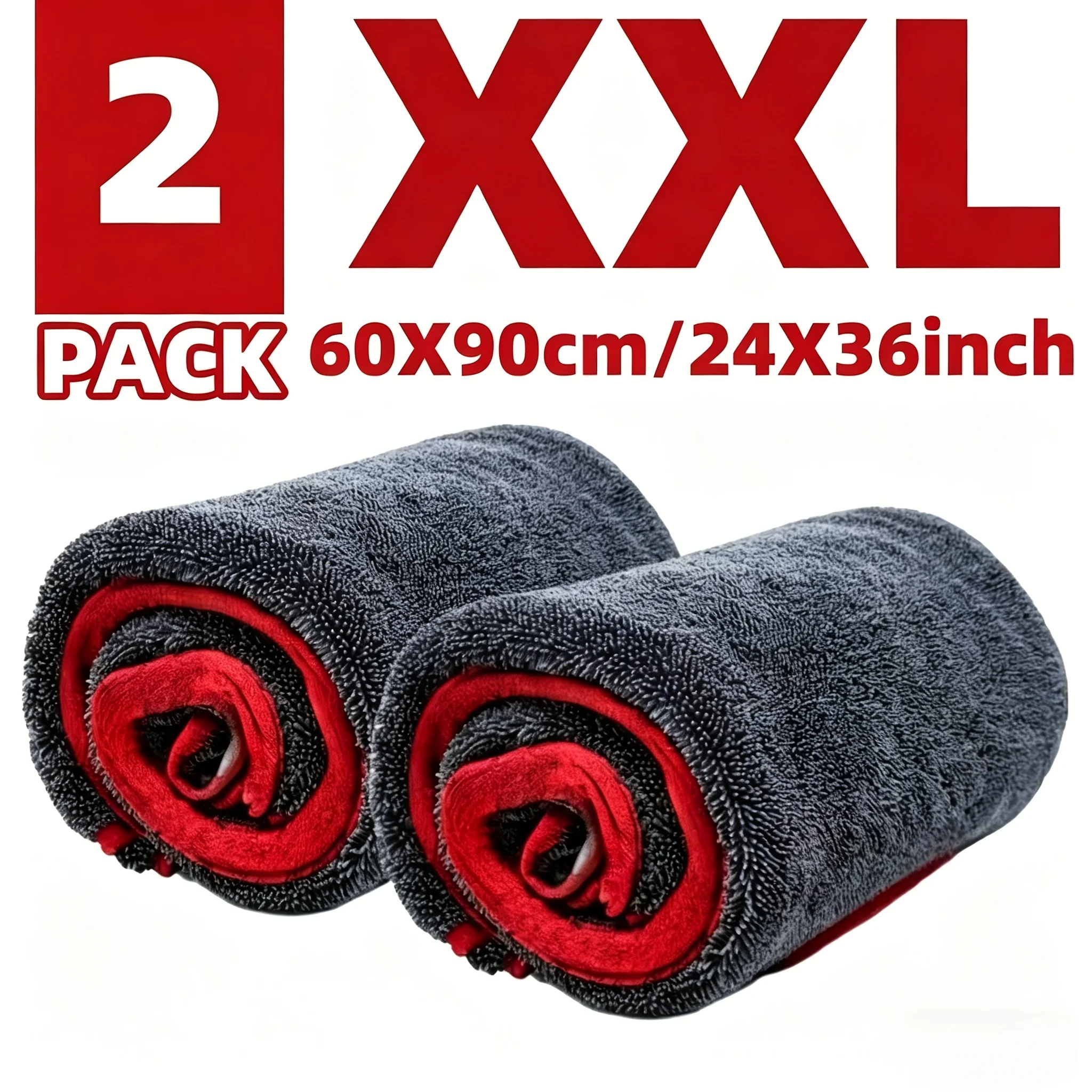 2/1Pcs XXL Extra Large Microfiber Drying Towel With Twist Ring Design - Super Absorbent Thickened Technology Suitable For Cars, Trucks, Boats - Red And Gray Detail Cloth, Professional Look | Highly Absorbent Material