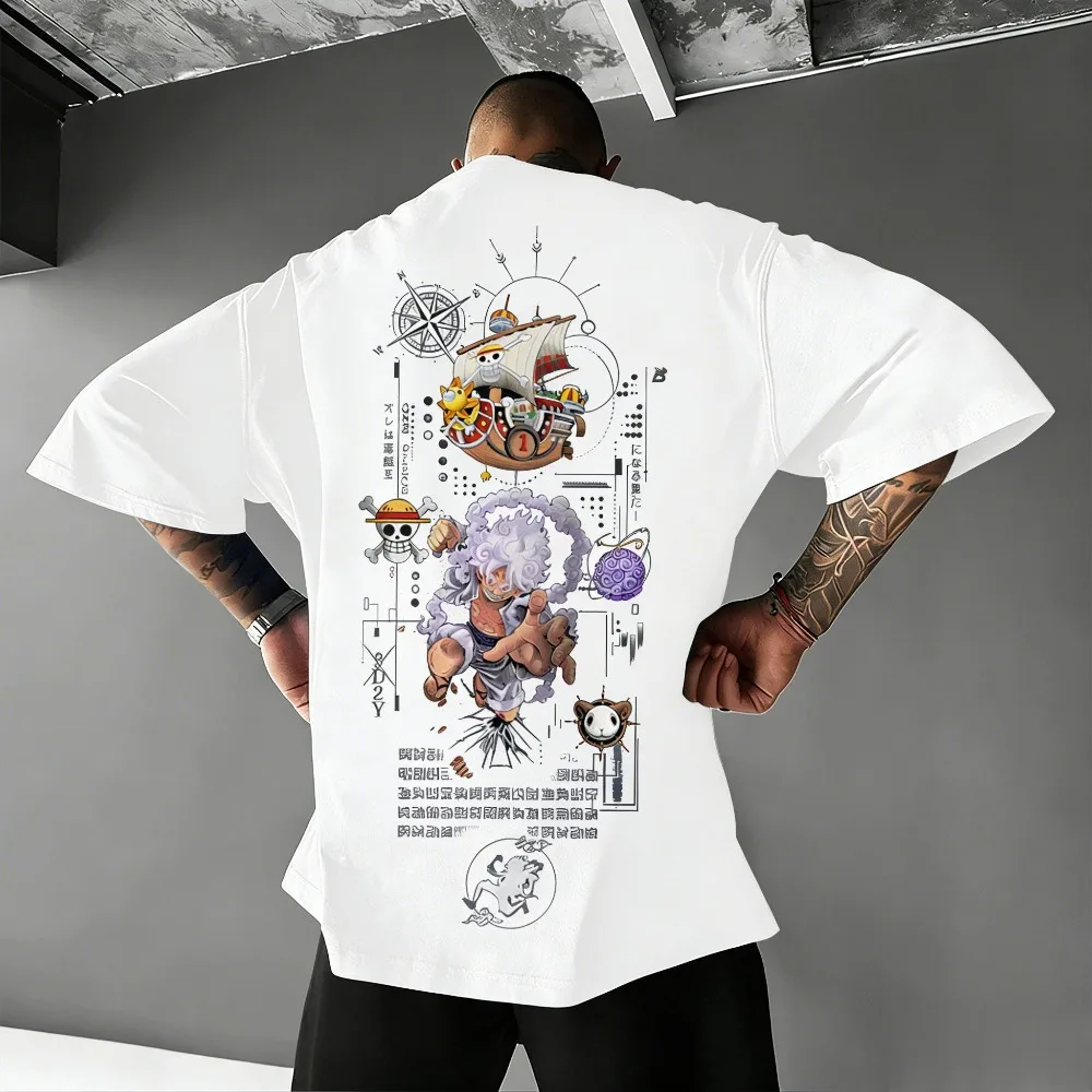 T-shirt unisexe en pur coton ONE PIECE Luffy Gear 5, imprimé anime été 2026, grande taille, col rond, coupe ample, haut à manches courtes pour toute la famille