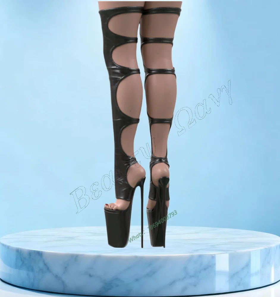 

Black Back Hollow Platform Boots Round Toe Stretchy Thigh High Spike High Heel Shoes Sexy Women Shoes New Zapatos Para Mujere