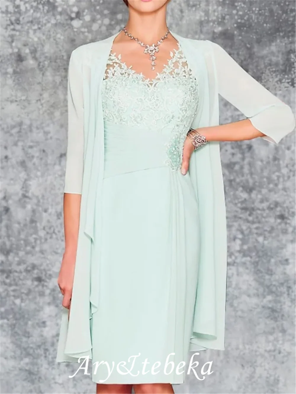 

Two Piece Sheath / Column Mother of the Bride Dress Elegant V Neck Knee Length Chiffon 3/4 Length Sleeve with Embroidery 2022