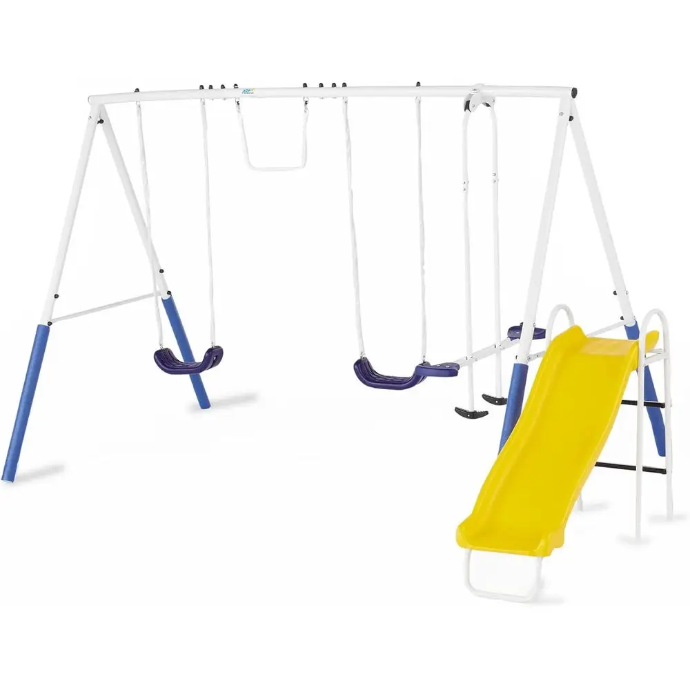 

Набор игровой площадки на заднем дворе. Прочный металлический каркас. Качели с цепными чехлами, планерами, трапецией, 2 качелей и горками, многоцветные.