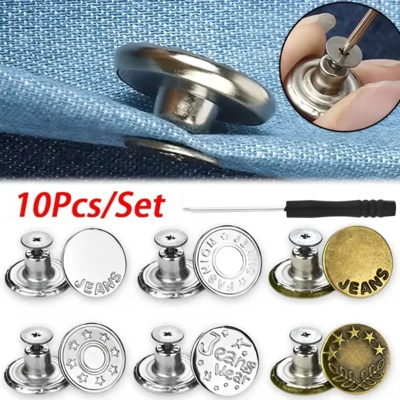 10Pcs Jeans Buttons With Screwdriver 17mm Nail Free Waist Extenders Button Nailless Removable Jean Buttons Sewing Accessories