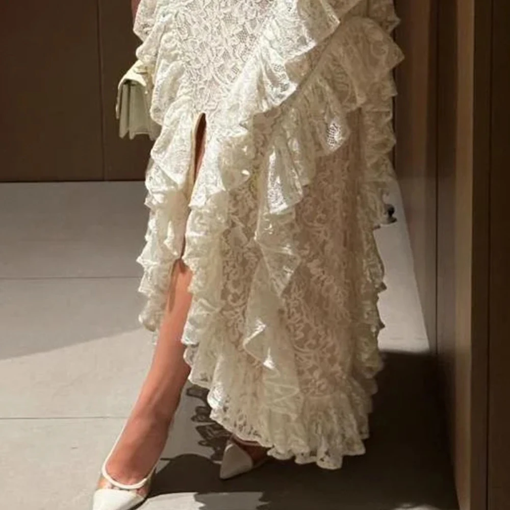 

Вечернее платье из кружева цвета слоновой кости с круглым вырезом, платье русалки для выпускного вечера, длиной до пола, вечернее платье с длинными рукавами и оборками, Саудовское платье