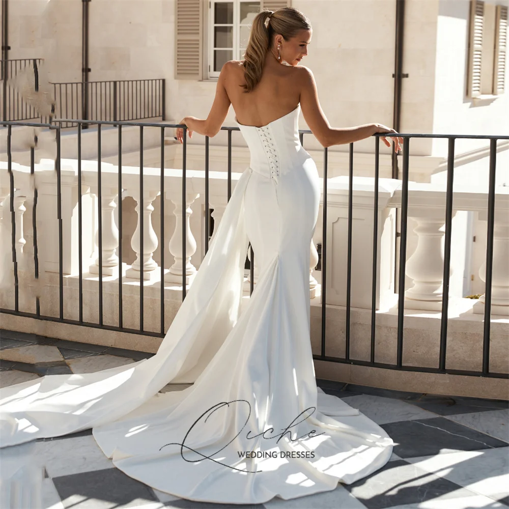 QICHE Modern Strapless Mermaid Wedding Dress Women 2026 Pleat Sleeveless Lace-up Open Back Sweep Train Bridal Gown Customized
