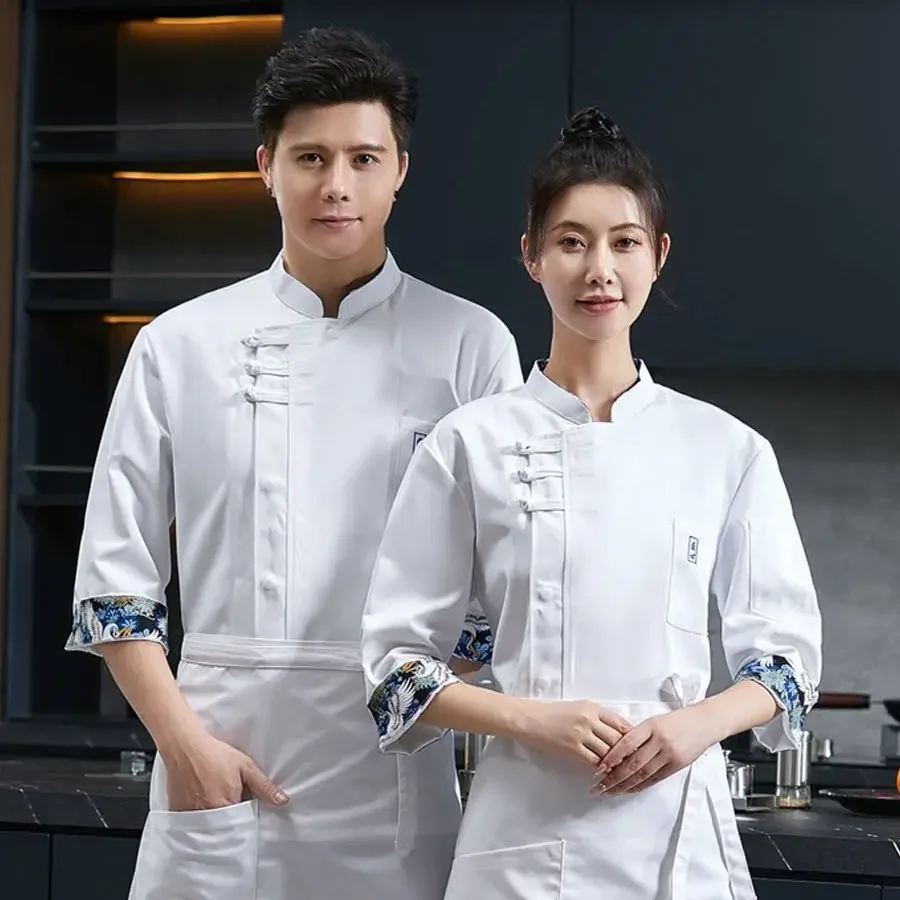 Elegante uniforme da lavoro da chef maniche corte per uomini e donne Ristorante in stile cinese Bar Panetteria Scuola Cucina High End Seven Half