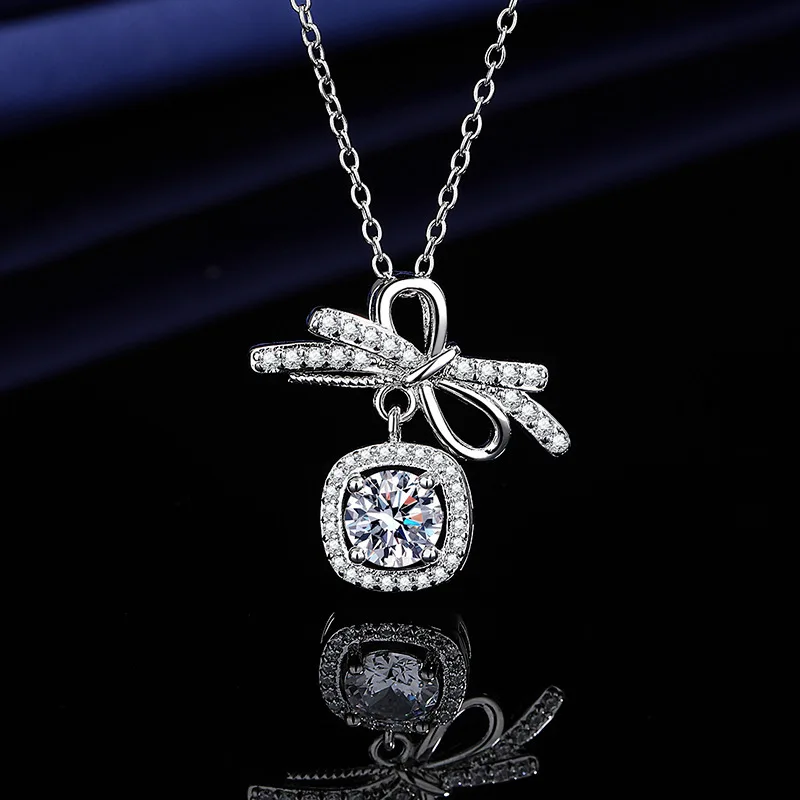 Necklace - Woman's Eight Hearts and Eight Arrows Zirconia Luxury Butterfly Knot Pendant - 1 Carat Zirconia Necklace