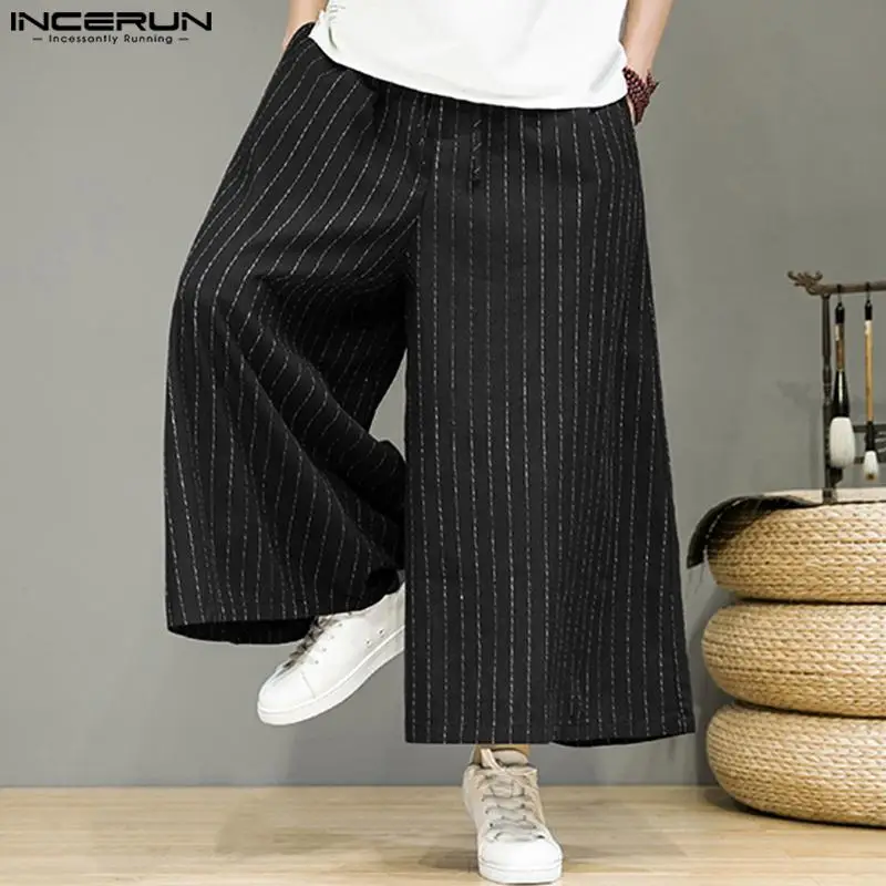 INCERUN-Pantalon rayé pour homme, Joggers Wstring de proximité, At Streetwear, Jambe large, FjMen 2024, Poches, Vintage Casual Male Pants, S-5XL