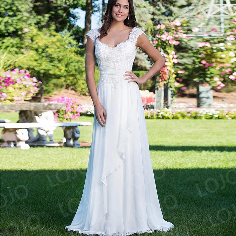 Abito da sposa Summer Beach berretto in pizzo bianco maniche scollo a V per la sposa Sweep Train abiti da sposa pieghettati 2022 Vestidos De Novia