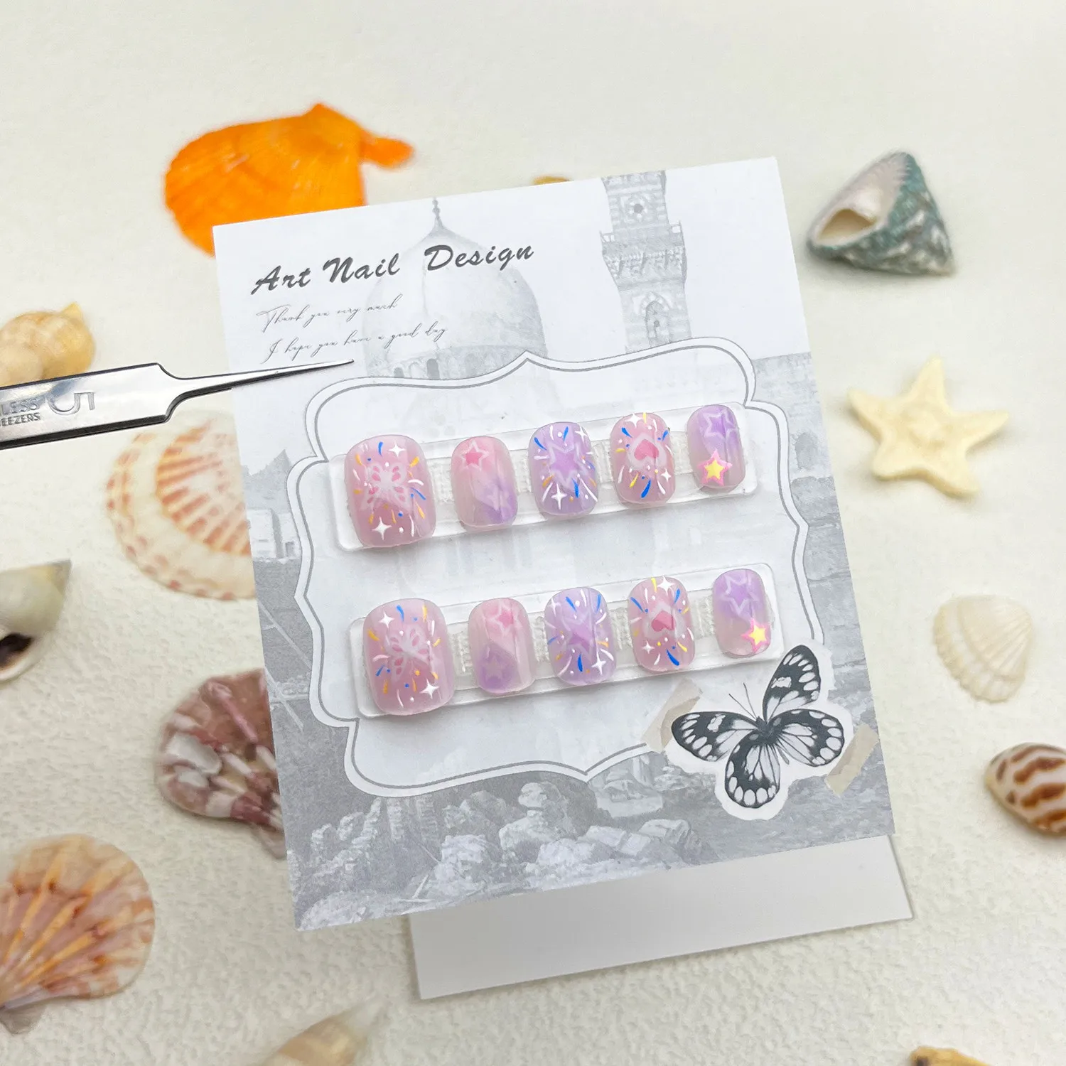 

10 шт., милые квадратные накладные ногти, летние красочные звездные узоры, глянцевые накладные ногти для девочек, носимые корейские многоразовые накладные ногти