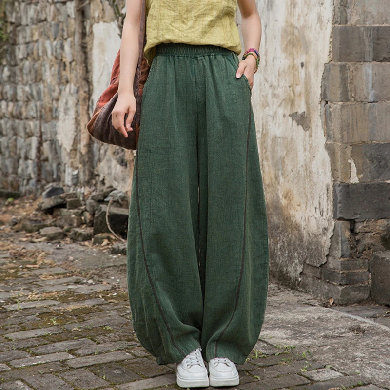 

High Quality Cotton Linen Bloomers Pants Women New 2025 Spring Vintage Style Plain Color Loose Female Casual Trousers T428