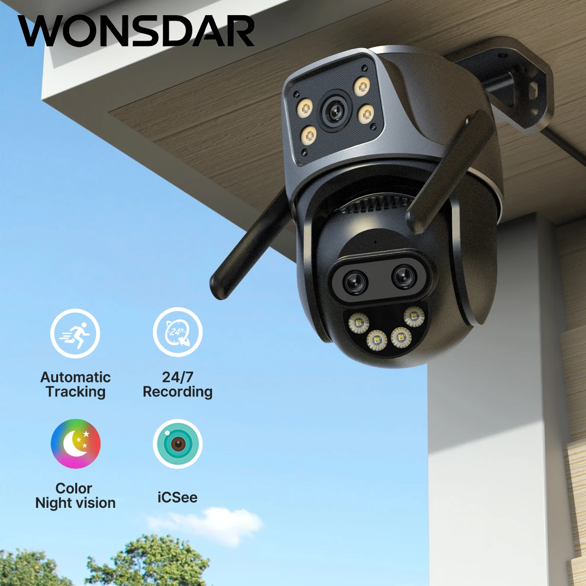 

IP-камера WONSDAR HD PTZ Wi-Fi, уличная камера, 8-кратный зум, три объектива, двойной экран, камера домашней безопасности, видеонаблюдение, приложение iCSee