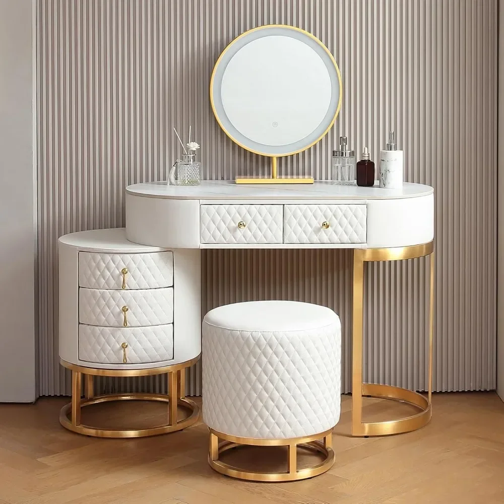 

Premium White Faux Leather Vanity Desk Set with Integrated LED Mirror, White desk