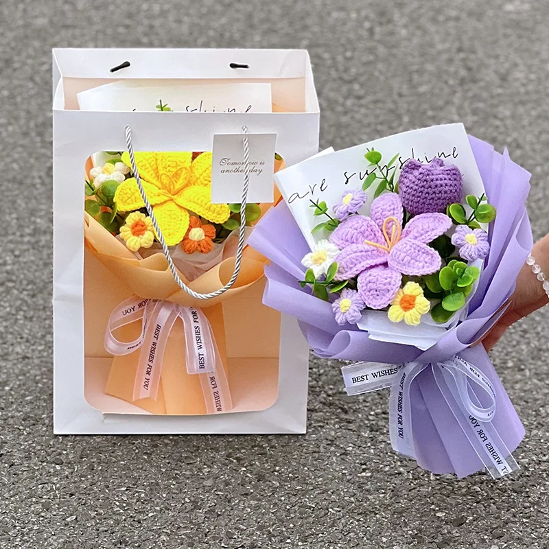 Ramo de Flores de Ganchillo Hecho a Mano, Ramo de Tulipanes, Regalos para el Día de la Madre, Cumpleaños, Ramo de Rosas y Girasoles, Regalo de Graduación