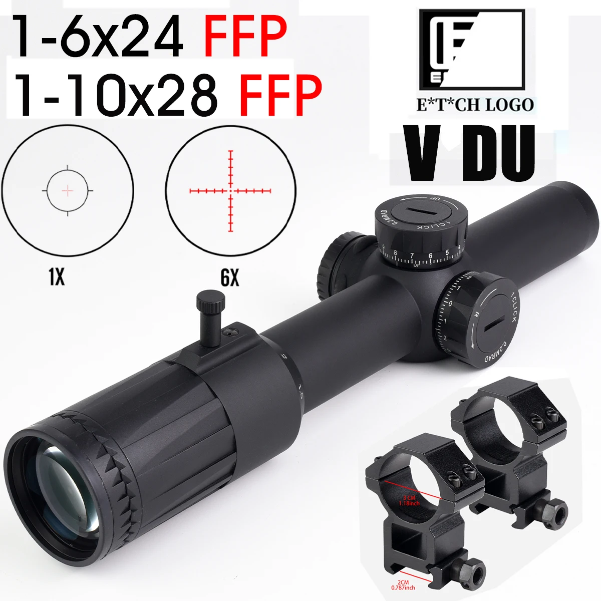

Original E*T*CH VDU 1-6x24 First Focal Plane FFP Precision SCOPE SR1 Illuminated Reticle 30mm Tube Short&Medium Range Riflescope