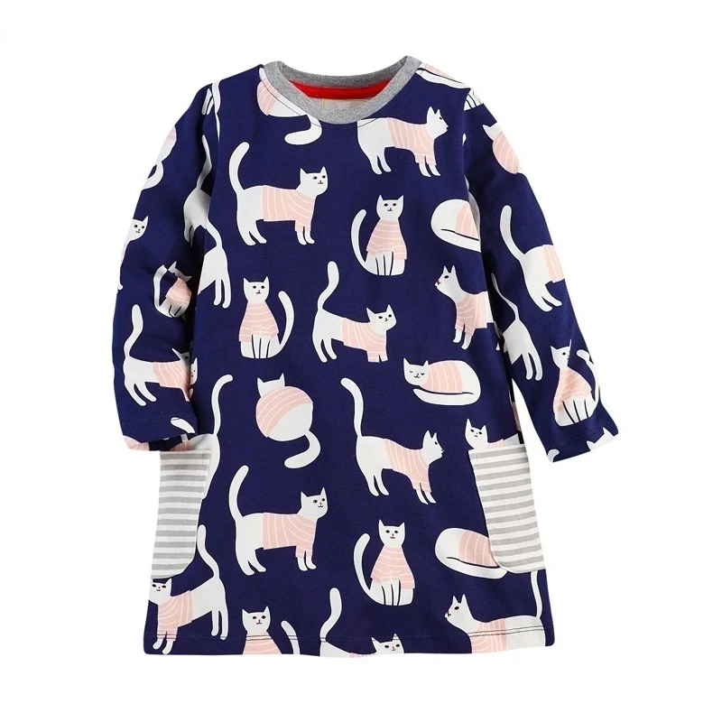 1-5 Years Girls Long Sleeve  Dress Spring Autumn Blue Rabbit Cotton Elastic Casual Dresses Kids Clothing KF063