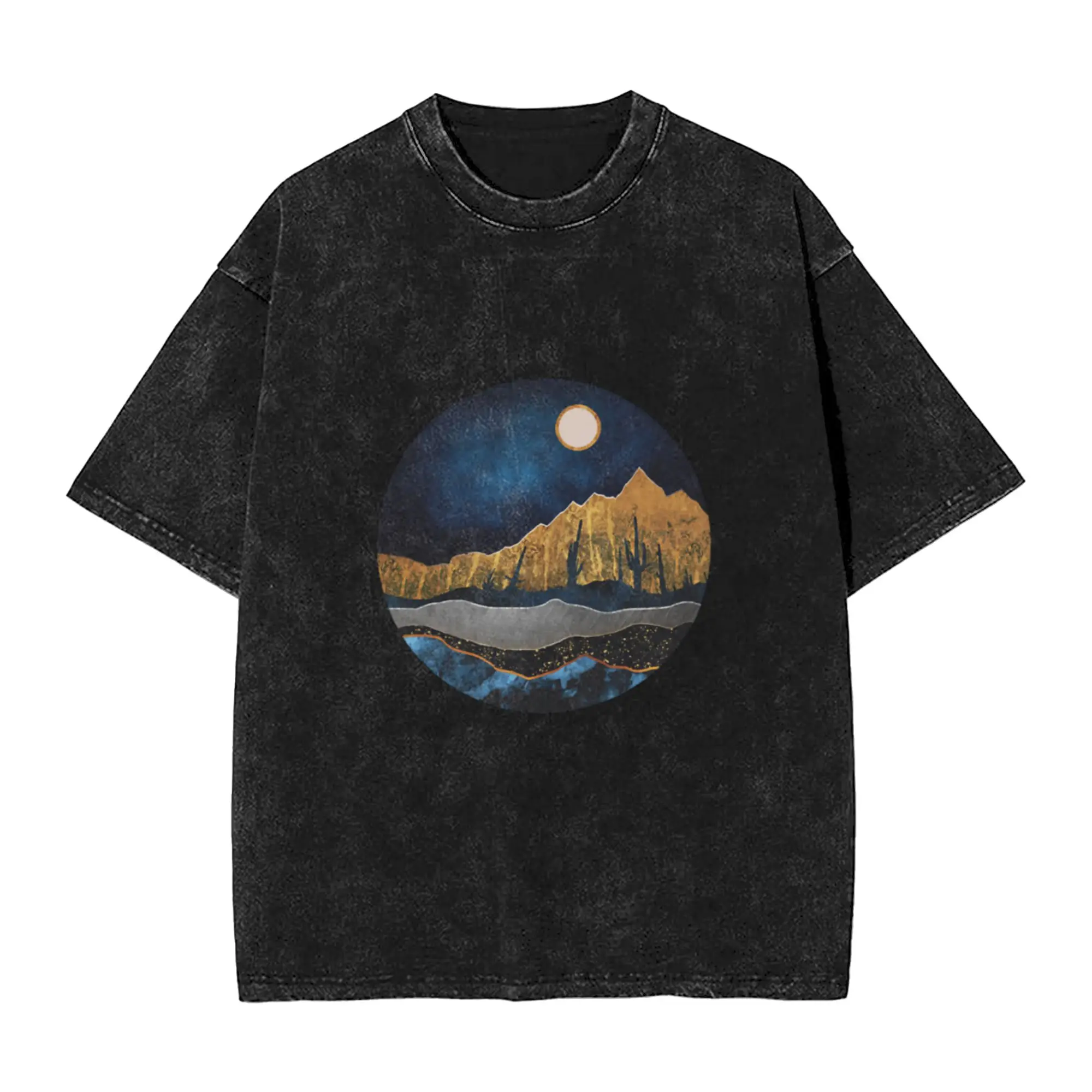 Midnight Desert Moon  Unique Cool A Washed T Shirt Men's Women's Oversized Cotton Tees Tops