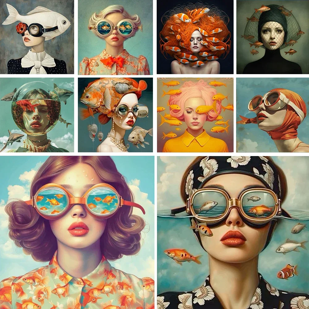 Retrato de mujer surrealista, pintura en lienzo, póster artístico de pared, impresiones de peces y niñas de fantasía maravillosa para decoración del hogar y la sala de estar