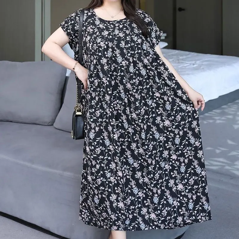 Vintage Broken Flowers Printed Long Dress Female Clothing Fashion Spliced Summer Casual Loose Straight All-match O-Neck Dresses