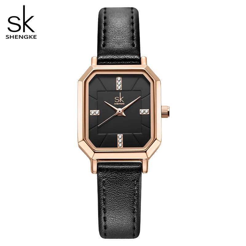 Shengke-relojes de cuarzo con correa de cuero para Mujer, pulsera de lujo, color negro, envío directo