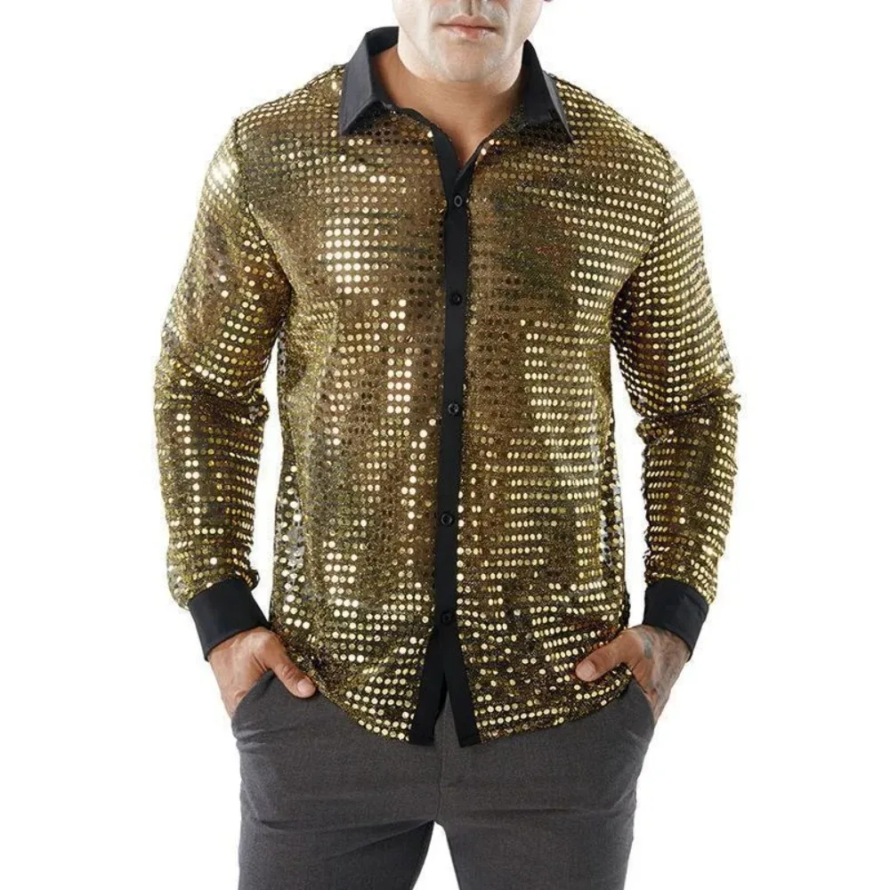 

Long Sleeve Disco Party Shirt Scale Design 70s Style Mens Performance Costume