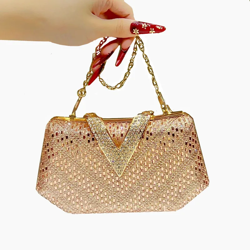 

2025 Luxury Women Full Diamonds V-shaped Lock Inlaid Evening Clutch Bag Brand Rhinestone Handbag Wedding Party Crossbody Bag