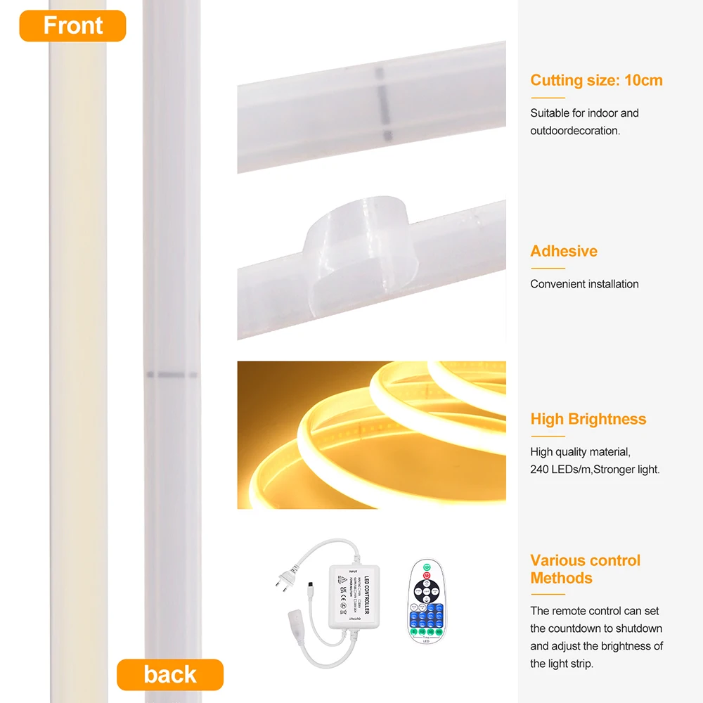 عكس الضوء 220 فولت COB النيون LED قطاع ضوء 23Key IR التحكم عن بعد الاتحاد الأوروبي المملكة المتحدة الاتحاد الأفريقي قابس طاقة 240LED مقاوم للماء شريط مرن إضاءة المنزل