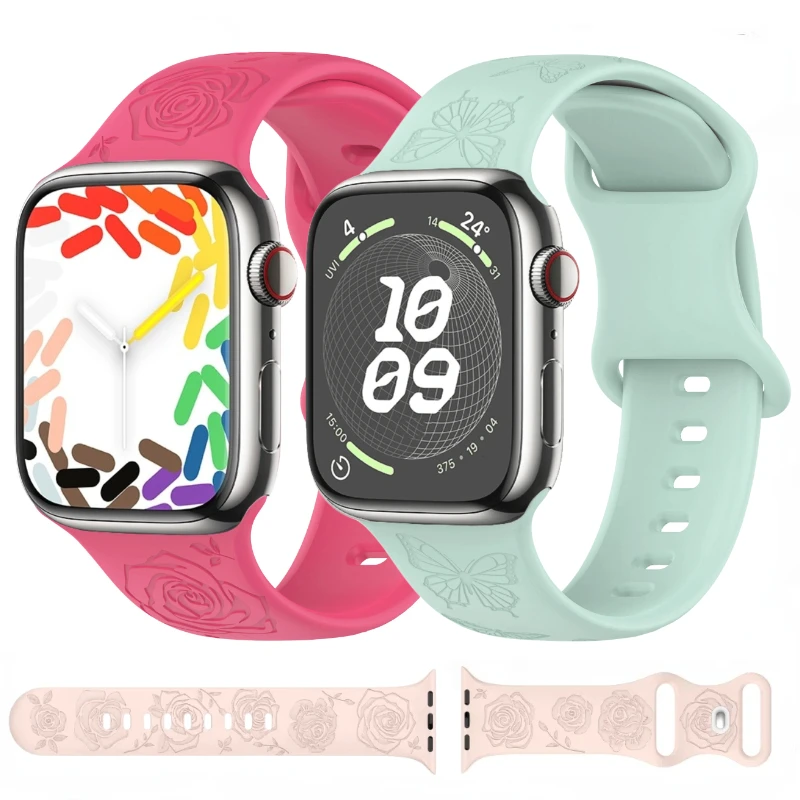 

Engraved Silicone Strap for Apple Watch Band 10 9 8 7 46mm 45mm 41mm Ultra2 49mm Pattern Bracelet Wristband 6 5 4 SE2 44mm 40mm