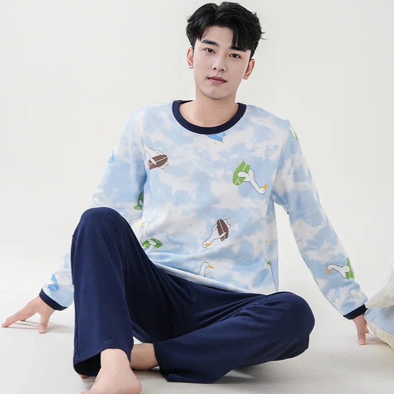 Panda Cartoon Cute Pajamas Set for Men Cotton Autumn Long Sleeves O Neck Nightwear Autumn and Spring Loungewear Hombre Dropship