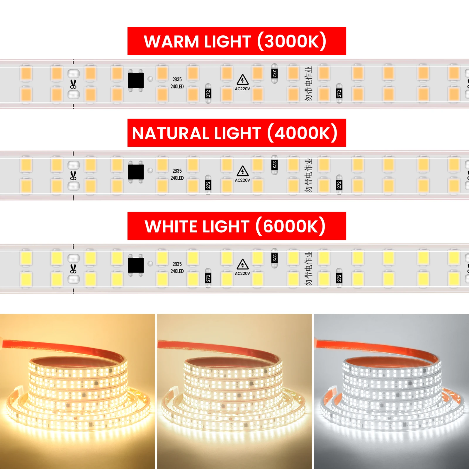 Double Row 2835 LED Strip Light 220V Flexible LED Tape with Adhesive High Brightness 240LEDs Waterproof LED Ribbon Decoration