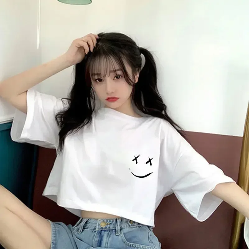 Cropped T-shirt Korean Crop Top Y2k Harajuku Tshirts for Women Women's Clothes T-shirts Tops Coquette Dongdaemun Clothing Cute