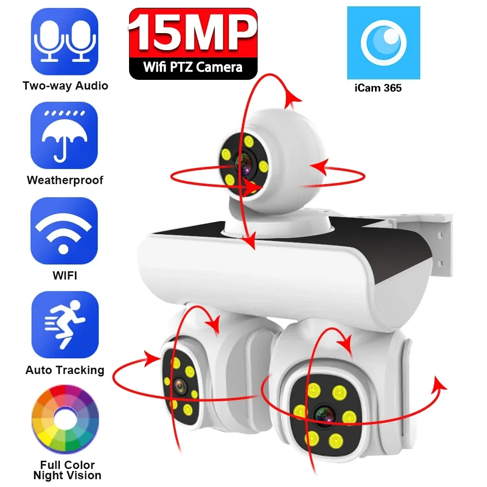 

8K 15MP WiFi IP Camera Outdoor Three lens Panoramic View PTZ IP Cam Motion Detection Security Protection CCTV Video Surveillance