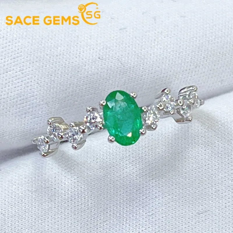 

SACE GEMS New Trend 925 Sterling Silver Raw 4*6MM Natual Emerald Rings for Women Engagement Cocktail Party Fine Jewelr Gift