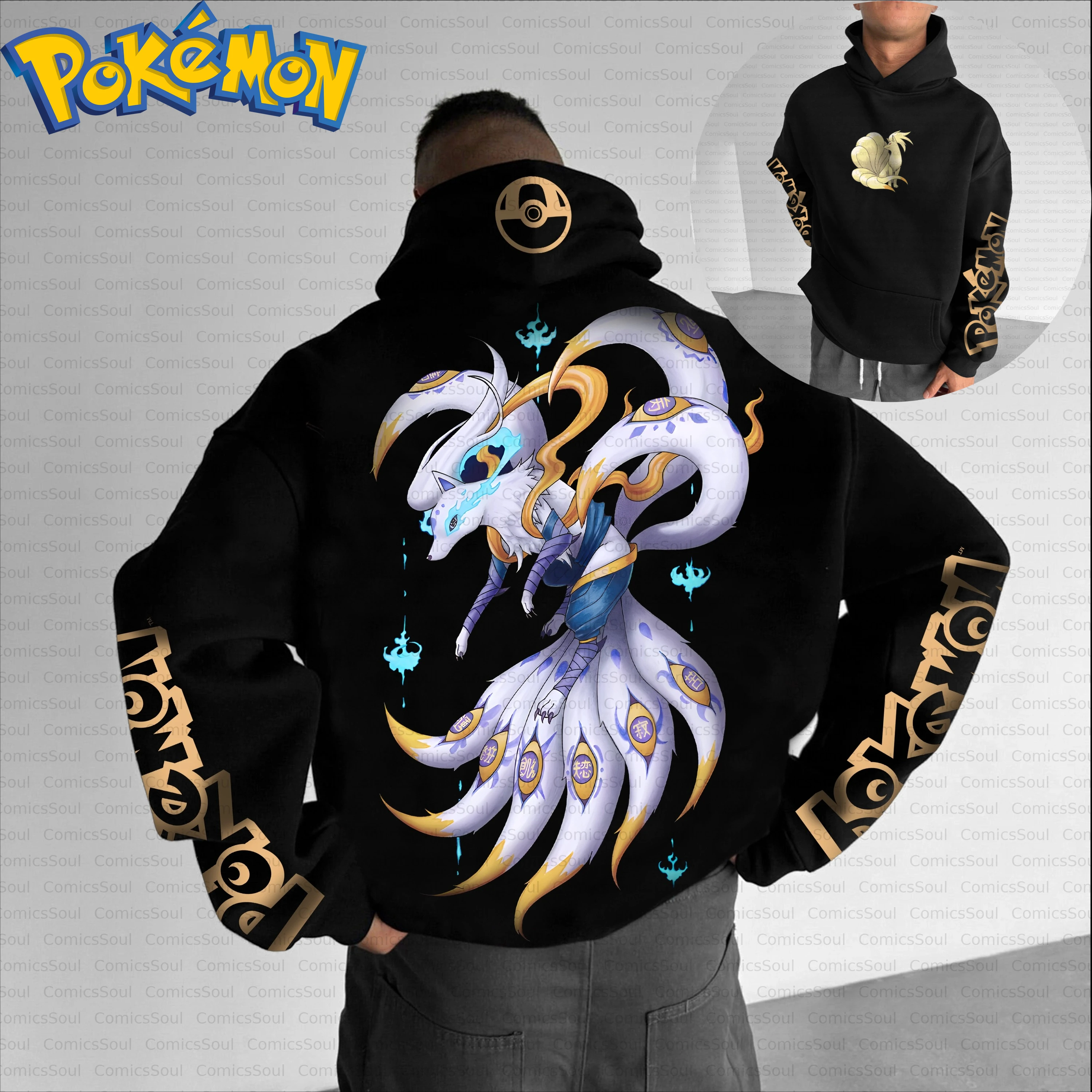 

Черная толстовка с капюшоном и брюки с покемонами, комплект из хлопка, аниме, арканиновый персонаж, золотой грив, принт на спине, повседневная одежда в стиле Харадзюку