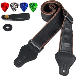 Black Guitar Strap,100% Cotton Durable Leather Ends with 3 Pick Holder Adjust Guitar Straps for Acoustic Electric Guitar,Bass