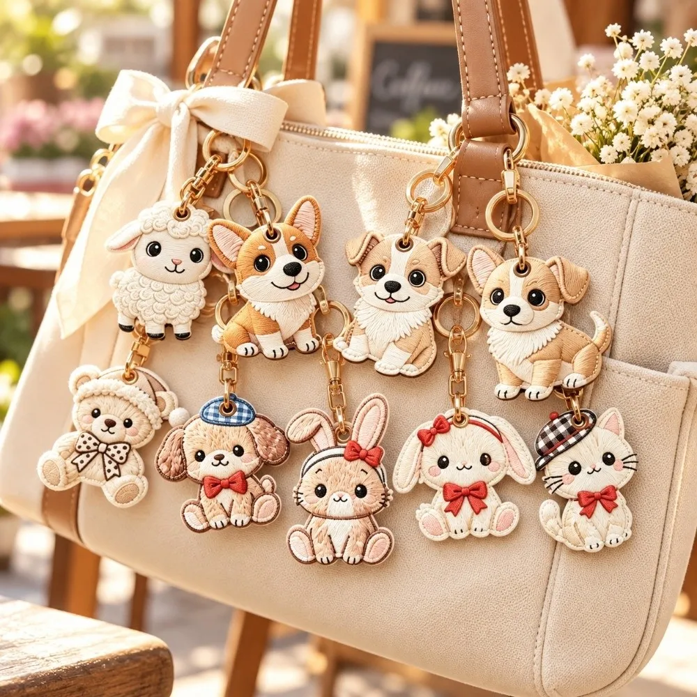 Animal Keyring Corgi Husky PU Dog Keychain Imitation Embroidery Hanging Ornament Puppy Pendant Sheep Cartoon Bag Charms Gift