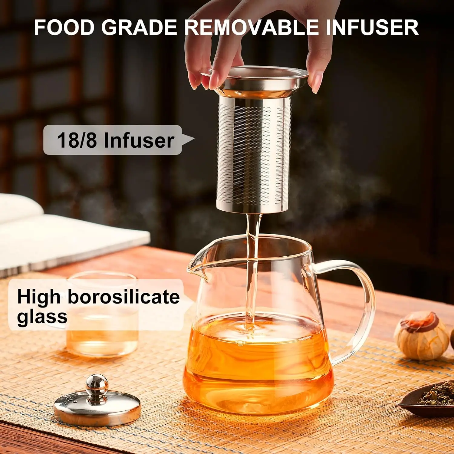 18,6 OZ/550ml Glas-Teekanne für den Herd aus Borosilikatglas mit Abnehmbarem Edelstahl-Teebrygger für Camping und Reisen – Detail 2