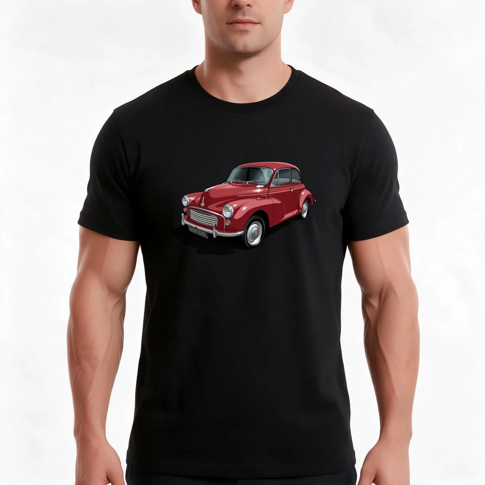 Morris Minor in maroon T-Shirt, Summer Casual Cotton Tee, Oversized Streetwear Tops, Vintage Graphic Print, Unisex Men Women
