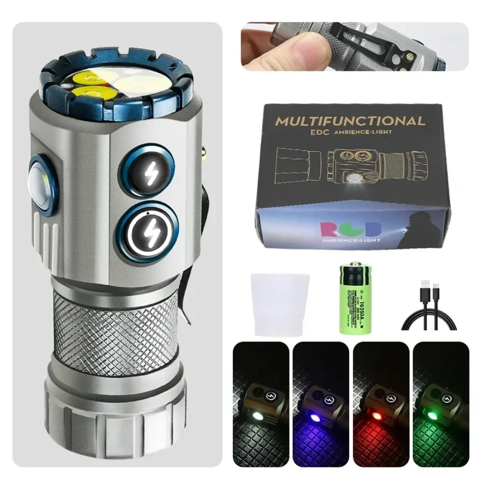 Magnetic Waterproof Flashlight Powerful LED Torch with RGB Light Portable Pocket Light for Camping Hiking Daily Carry