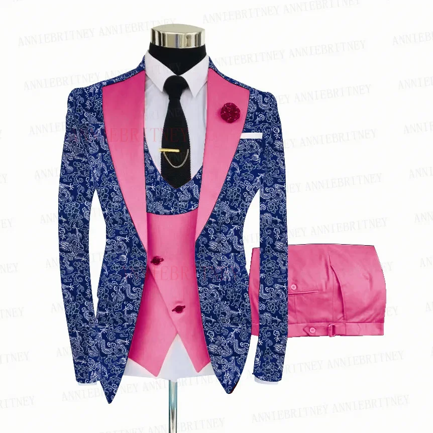 2021 Fashion Blue Floral Printed Men Suit 3 Piece Best Man Groom Wedding Tuxedo Slim Fit Shiny Blazer Suit Jacket Vest Pants Set