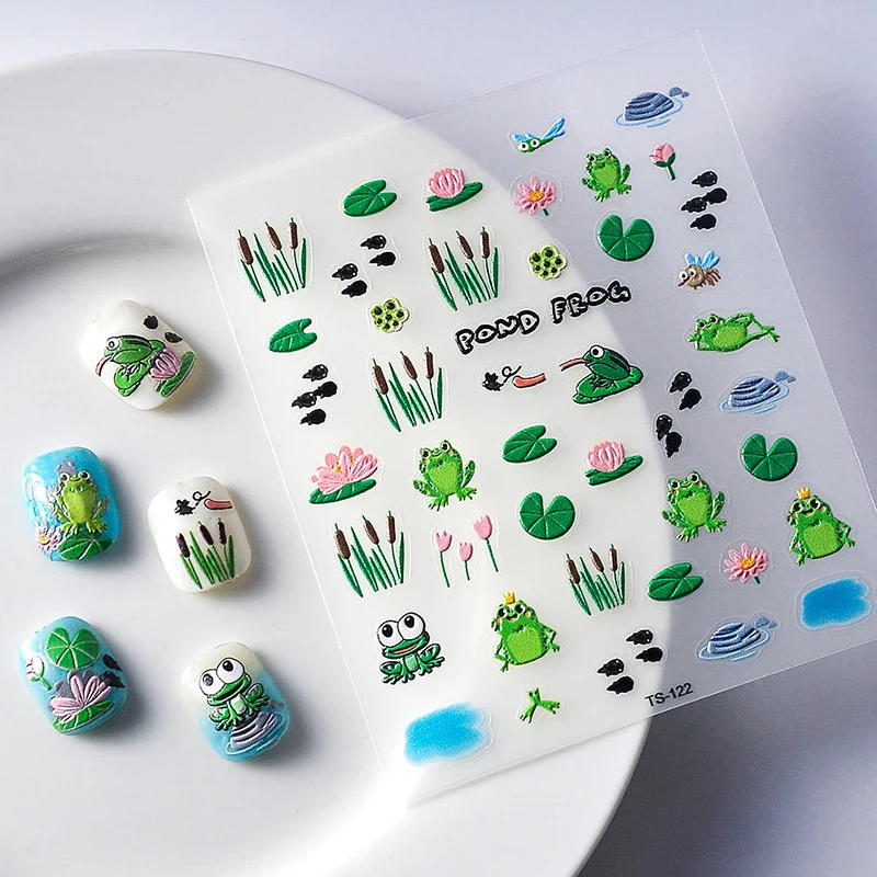 Green Pond Frog Tadpole Lotus Flower Leaf Bee Goldfish Red Koi Carp 3D Self Adhesive Nail Art Stickers Manicure 5D Decals Summer