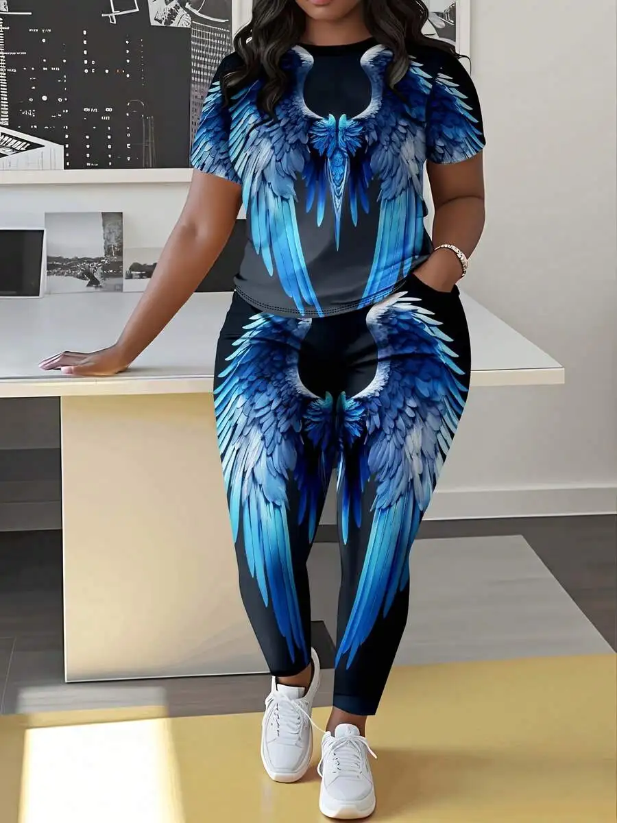 

Women Plus Size Short Sleeve Top And Pants Set Blue Wings 3D Print Soft Breathable Comfortable