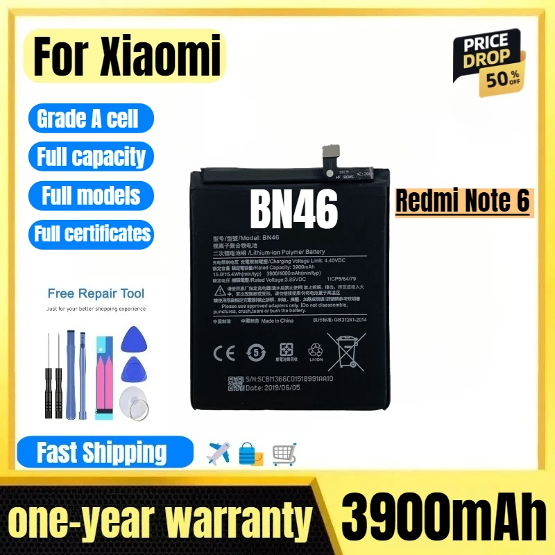 

BN46 for Xiaomi Redmi Note 6 Mobile Phone Battery High Quality High Capacity Battery Replacement Bateria Grade A Cell with Tools