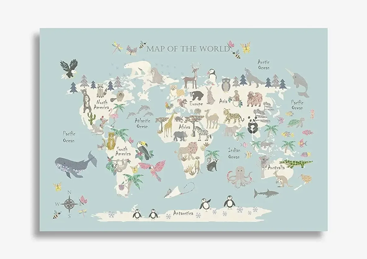 Metal Tin Sign Animal World Map Floral Edition Children\'s Map Kids Map Map of The World Vertical Poster Funny Retro Wall