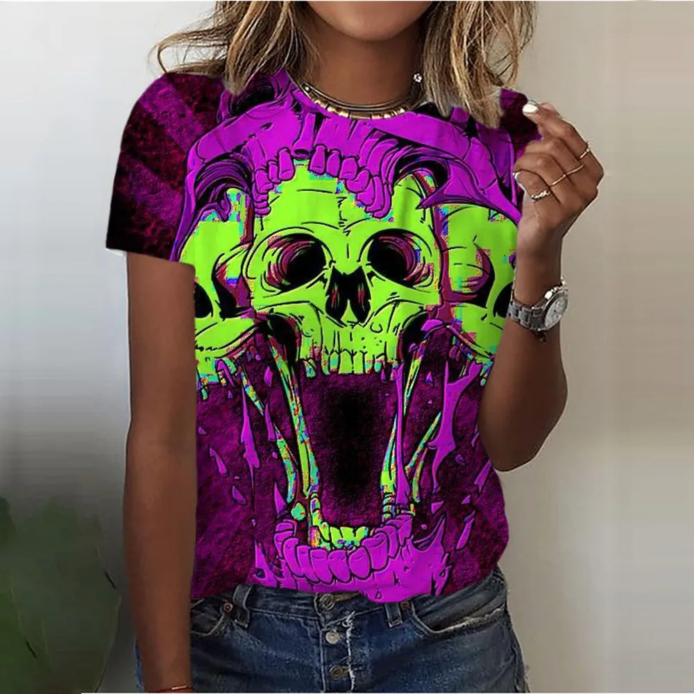 Women\'s T-shirt Funny Tee Shirts Girls Clothes Summer Skull Flowers Fashion Women Short Sleeve Lady Harajuku Tops T-shirts