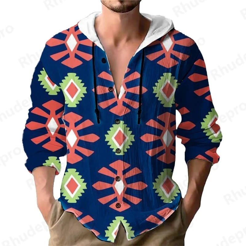 2025 Men's Solid Color National Style Casual Long Sleeved Shirt With Hood And Drawstring Cardigan Fashionable Daily Versatile