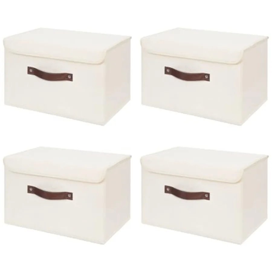 

4PCS Storage Bins with Lid PU Leather Handles Storage Boxes PP Plastic Board Decorative Foldable Lidded Cotton Linen Fabric Hom