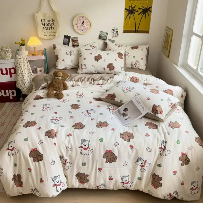 A-Class Washed Cotton Printed Comforter Set 4Pcs Cartoon Style Nude Bed Sheet Bedding Set Lightweight Breathable Duvet Kits
