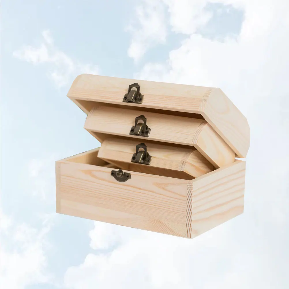 

Three-piece Wooden Box Set Organizer Pine Storage Crafts Organiser Arched Lock Case